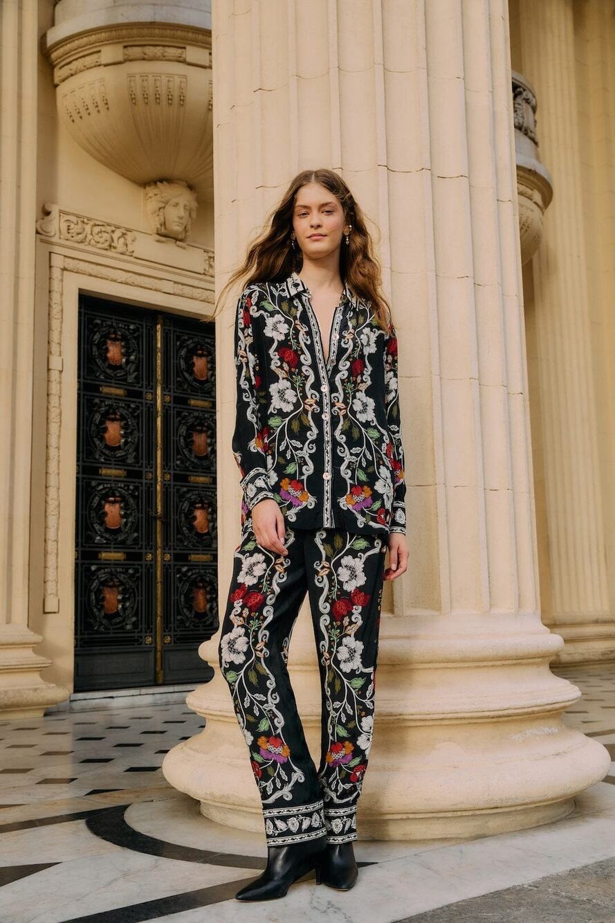 Farm Rio Roccoco Oversized black floral button up shirt and pants size XL